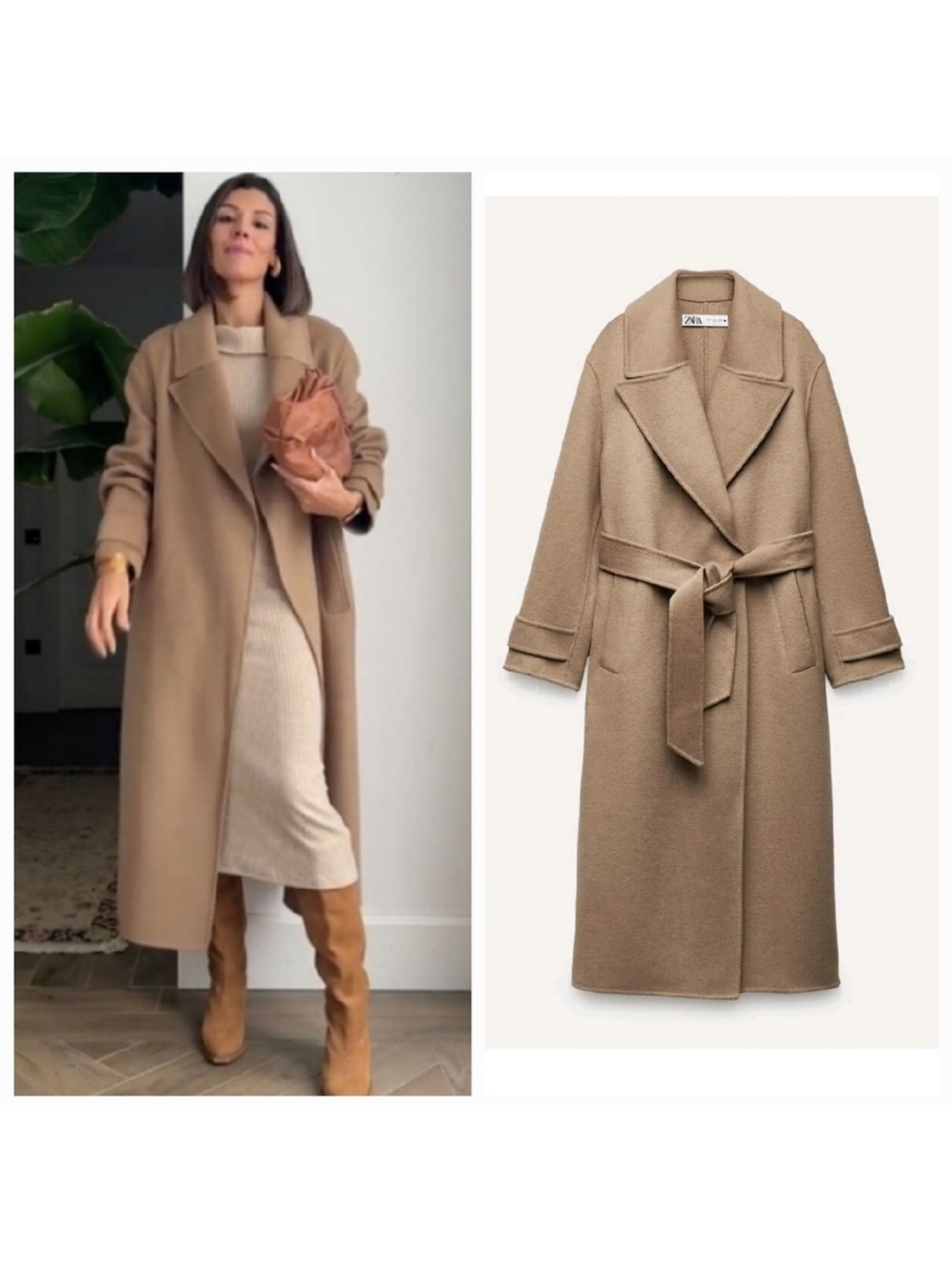 Zara Wool Blend Long Wrap Coat Camel Tan Size S Women’s